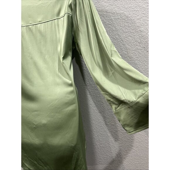 12th Tribe Shirt Dress Womens M Sage Pistachio Satin Mini Green Drape Tie Waist - Picture 4 of 9